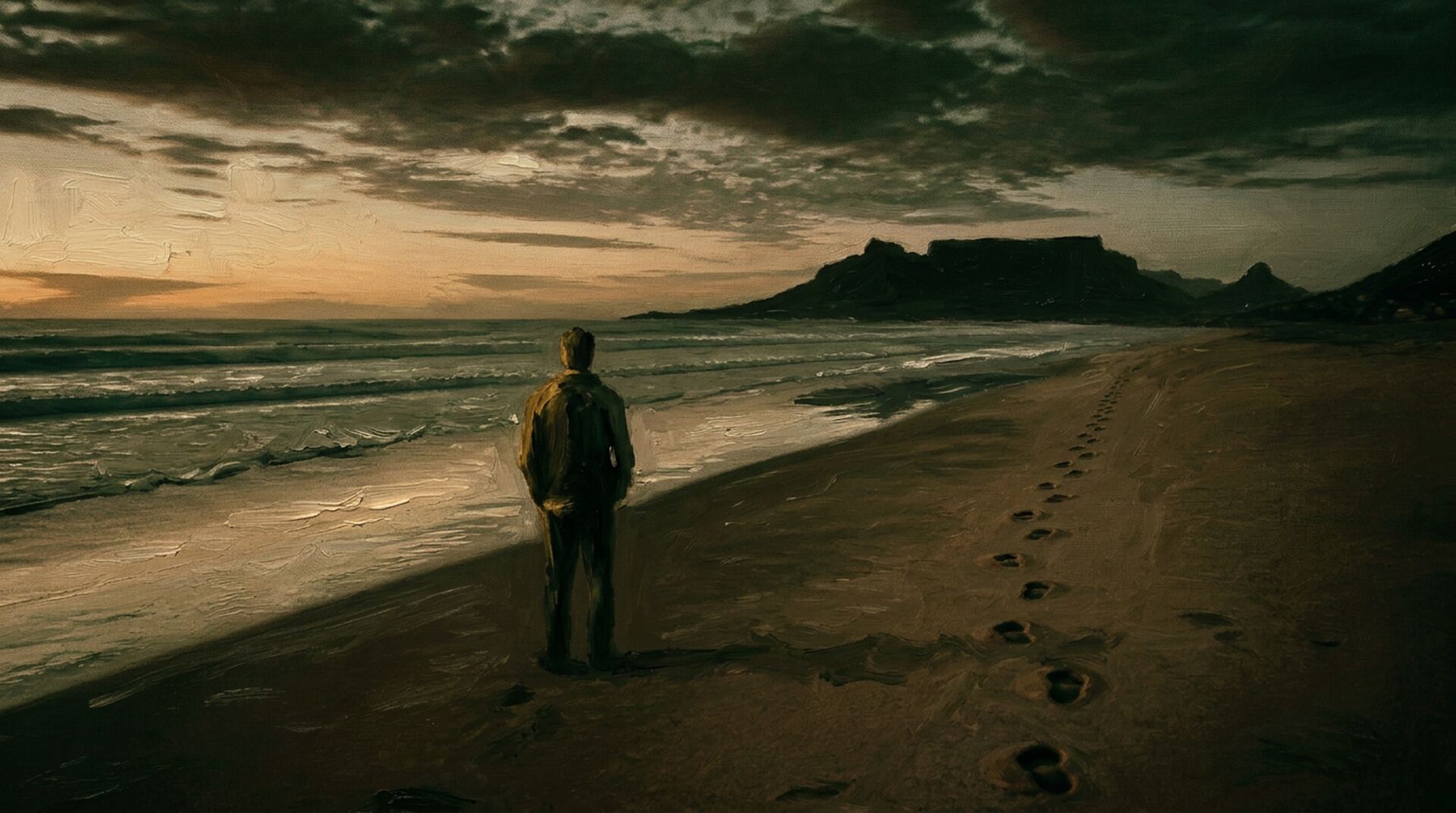 Oil painting of a man standing alone on a beach in Cape Town at dusk