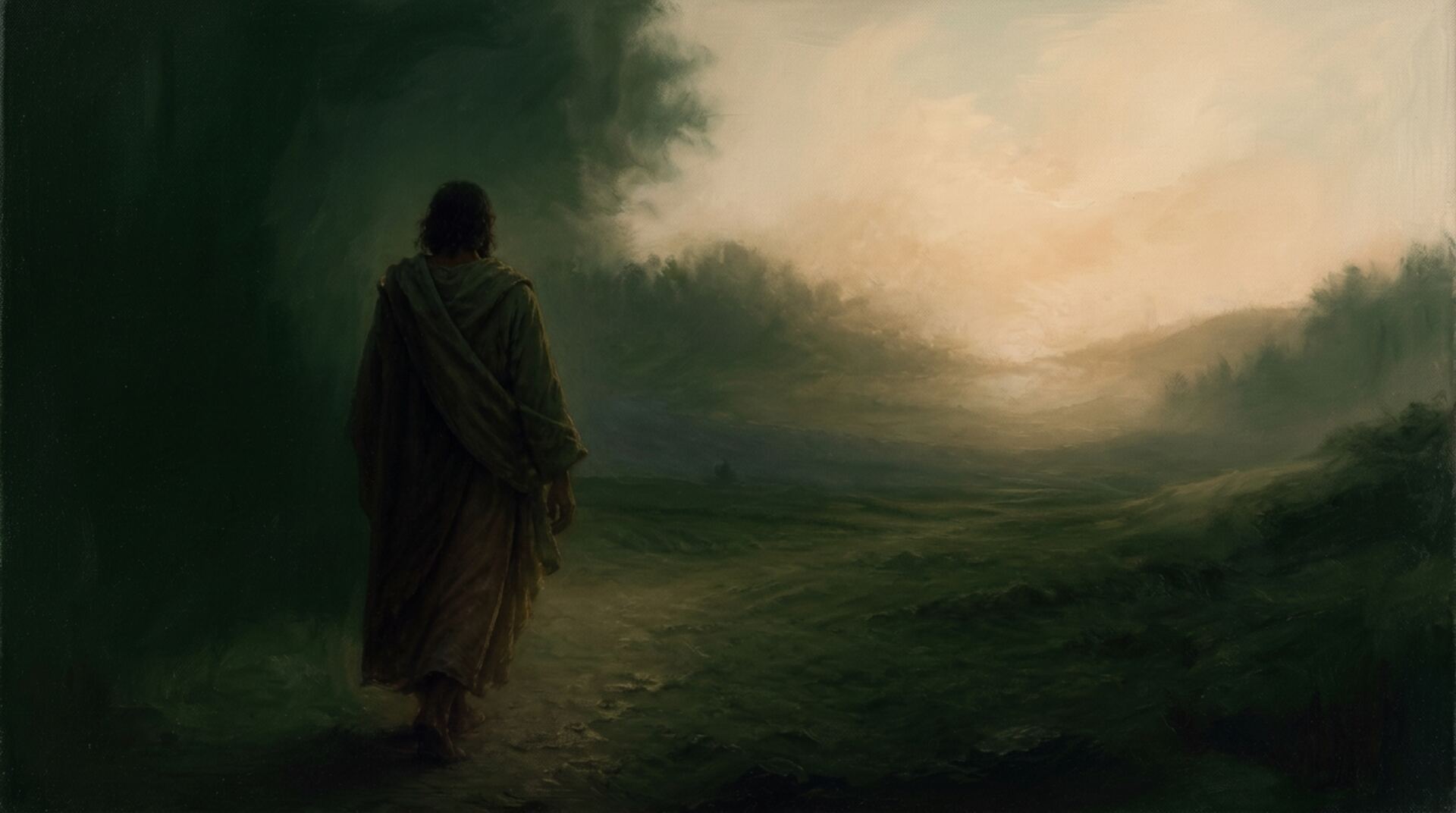 Oil painting of a cloaked man standing still in dark green shadow, warm light falling in from the right